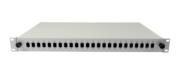 LWL-Patchpanel Spleisbox,19", 24xLC-Duplex-Buchsen, OM5, 50/125u Multimode, incl.Pigtails, Lichtgrau