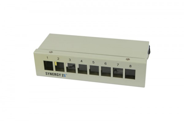 Patch Panel 8xTP, CAT6A, incl.Keystone, Slim-line(20mm), Aufputz Metall, Lichtgrau, Synergy 21,