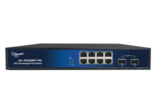 ALLNET Switch unmanaged 8 Port Gigabit 150W / 8x PoE+ / 2 x SFP+ / Lüfterlos / 19" ALL-SG8208PF-10G