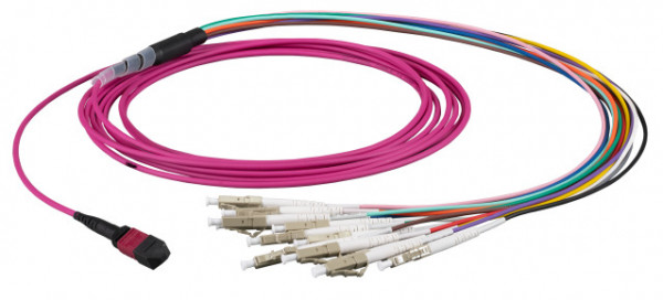 LWL-MTP®-Female-LC Patchkabel OM4 LowLoss, 12 Faser(Fanout, Pin1-12)-> 6xLC duplex, 1m, 50/125u,