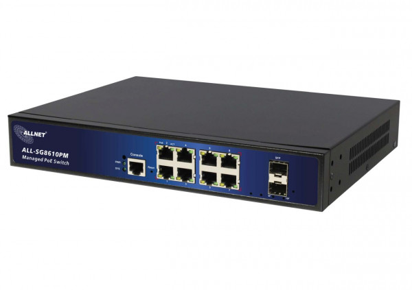 ALLNET Switch full managed Layer2+ 10 Port • 8x GbE • PoE Budget 130W • 8x PoE at • 2x SFP • 19" • L