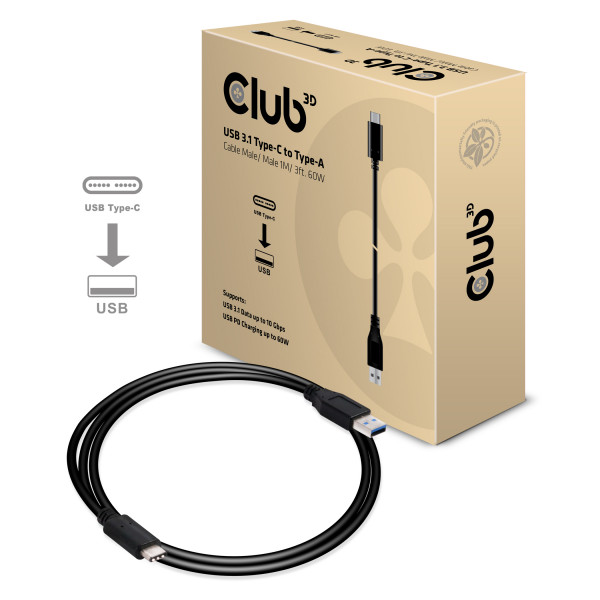 Kabel USB 3.1 A (St) => C (St) 1,0m *Club 3D* 10Gbps PowerDelivery