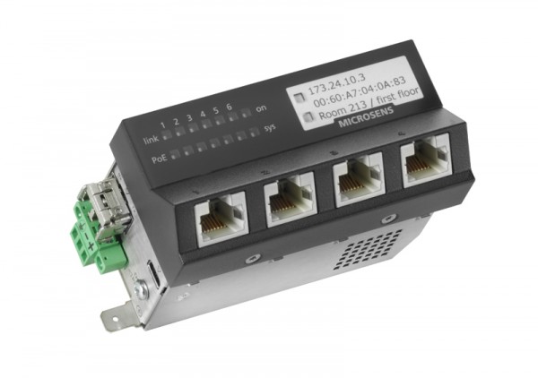 Microsens Micro-Switch 45x45 ruggedized, Hutschiene 24V, vertikal, 4xRJ45, 2xSFP, MS440217MXH-24G6+